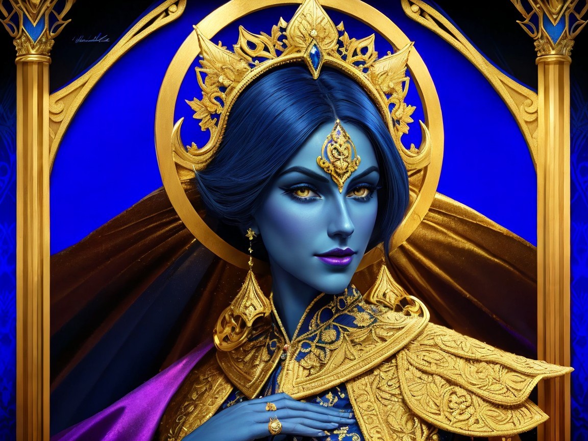 Elegant Blue-Skinned Woman in Royal Attire and Crown