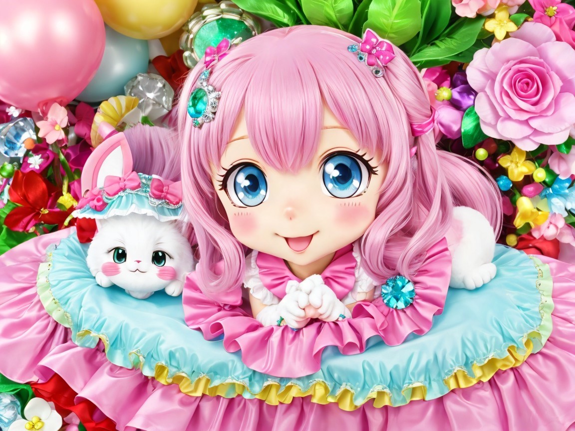 Cartoonish girl in flowers with balloons and a cat