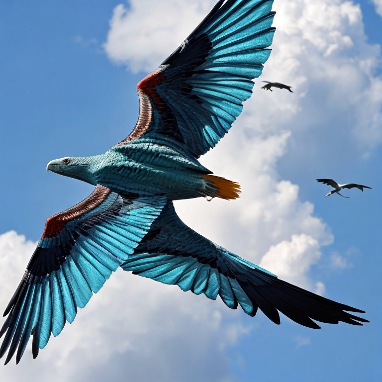 Vibrant Blue Bird with Multicolored Wings in Sky