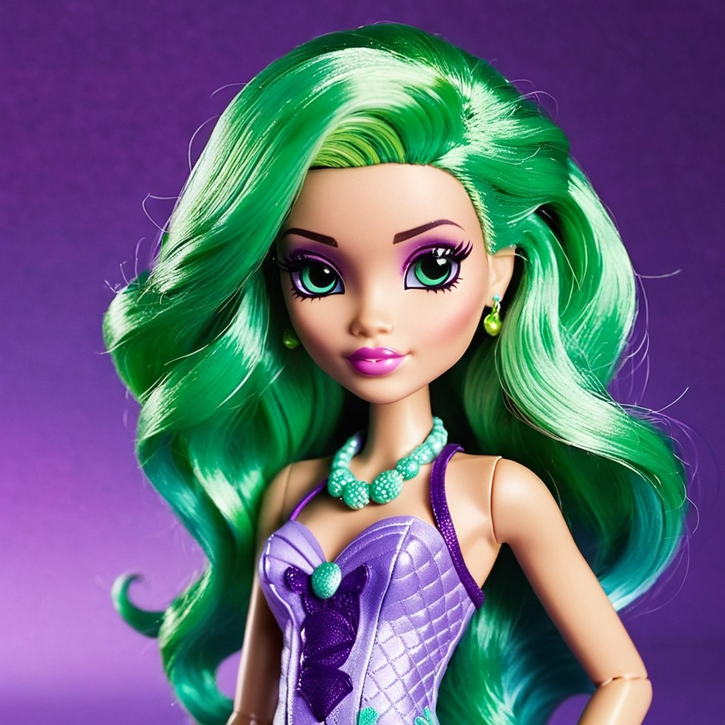 Stylized doll with green hair and purple eyes