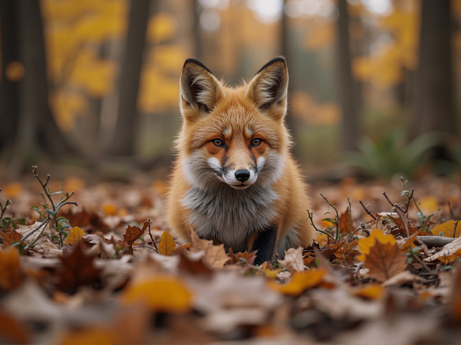 Orange Fox in Autumn Leaves with Soft Sunlight
