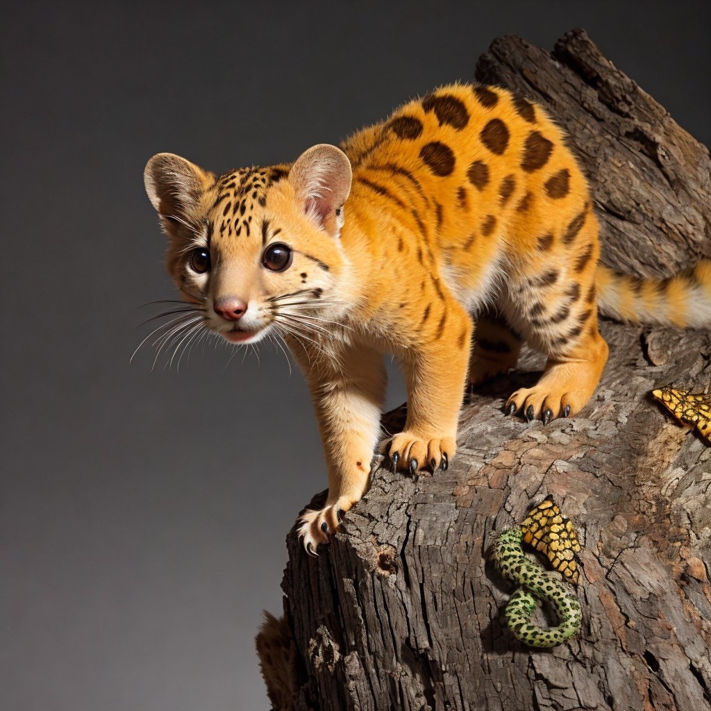 Ocelot on Branch with Green Snake in Jungle Setting