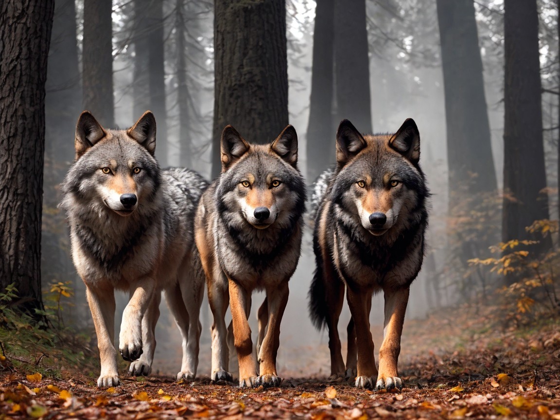 Wolves in a Misty Forest Surrounded by Autumn Leaves