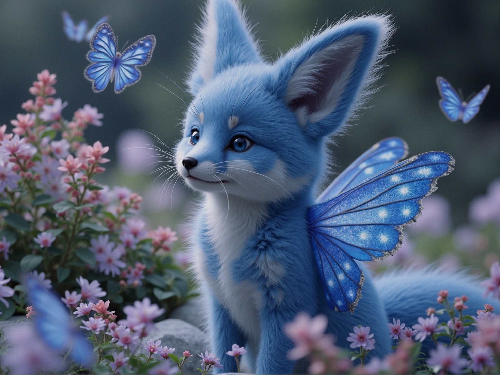 Whimsical Blue Fox in a Vibrant Flower Garden