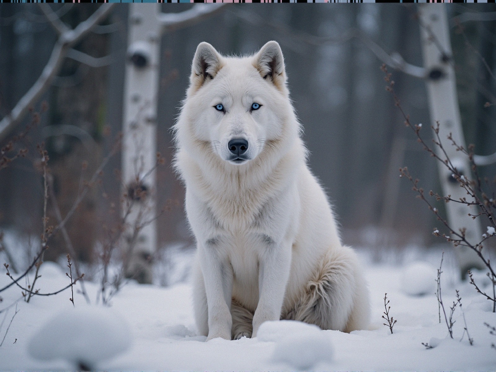 White Wolf in Snowy Landscape with Birch Trees