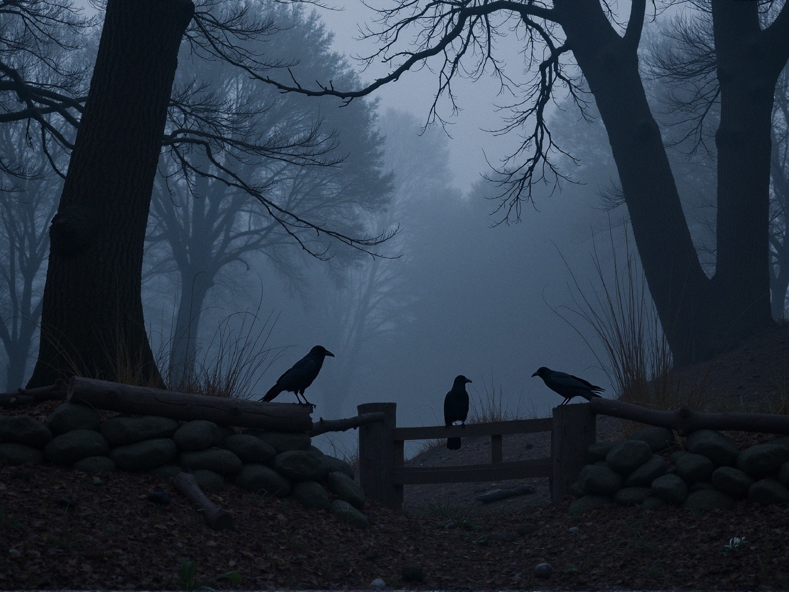 Misty Forest with Silhouettes and Crows on Fence