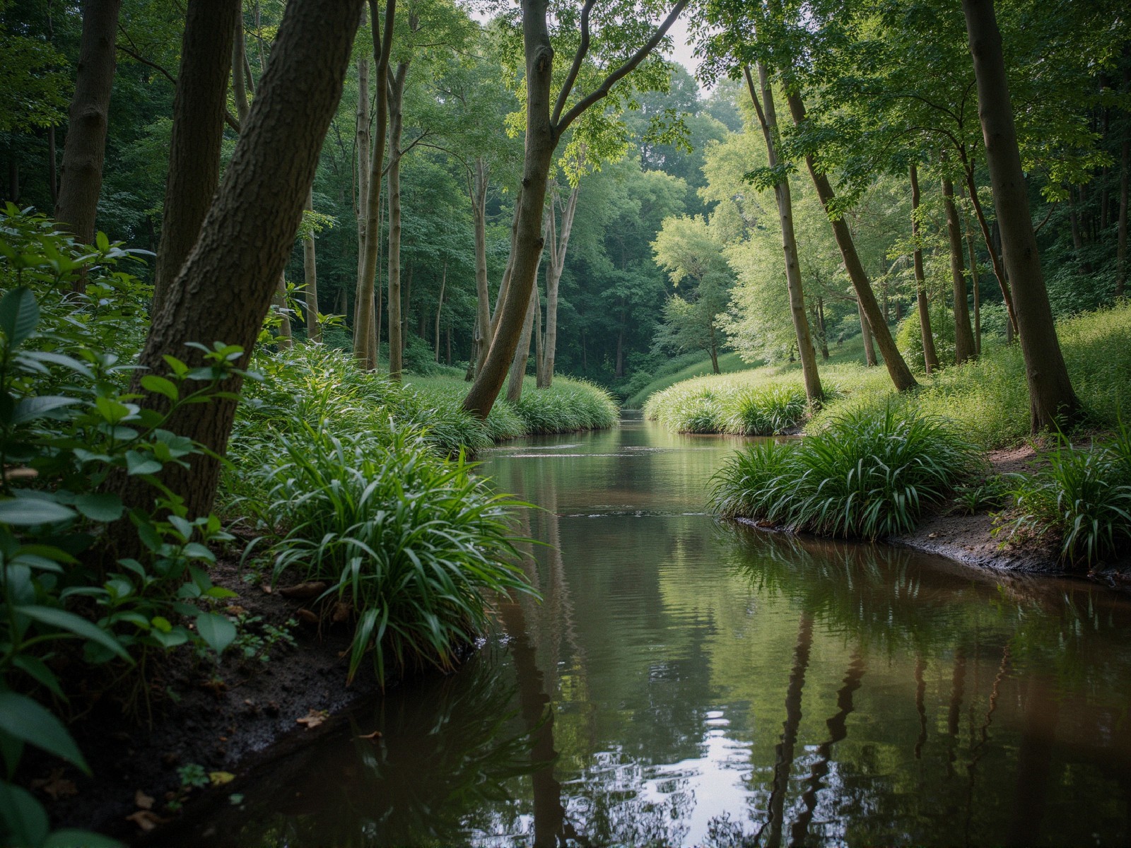 Serene Forest Scene with Winding Stream and Greenery