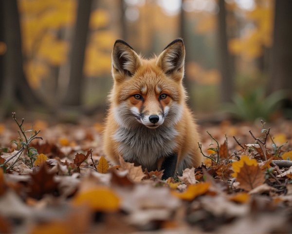 Orange Fox in Autumn Leaves with Soft Sunlight