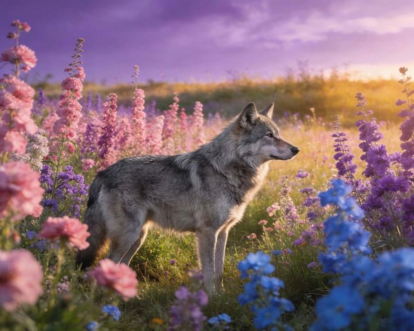 Gray wolf in wildflower field at sunset