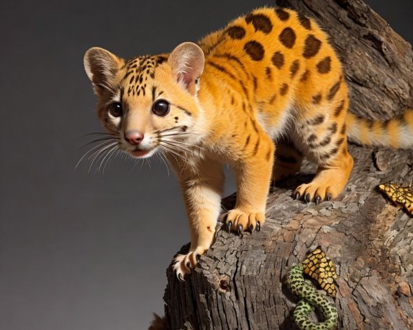 Ocelot on Branch with Green Snake in Jungle Setting