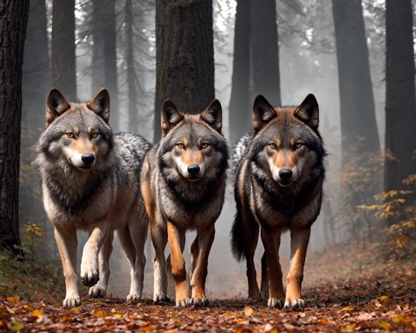 Wolves in a Misty Forest Surrounded by Autumn Leaves