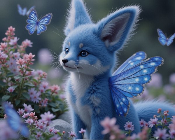 Whimsical Blue Fox in a Vibrant Flower Garden