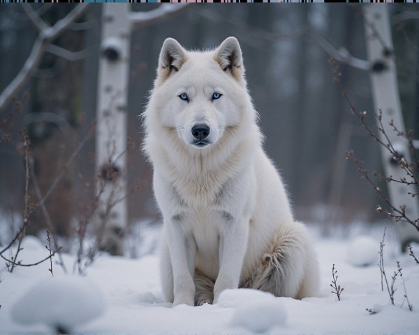 White Wolf in Snowy Landscape with Birch Trees