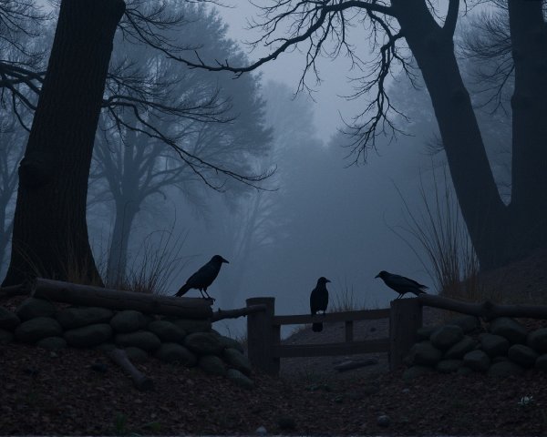 Misty Forest with Silhouettes and Crows on Fence