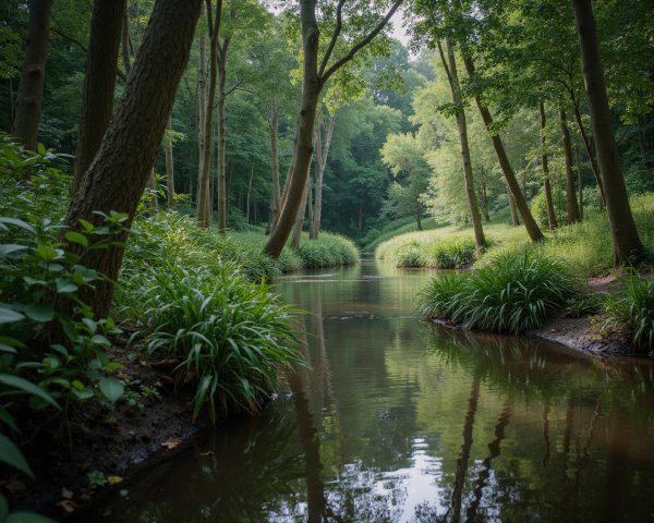 Serene Forest Scene with Winding Stream and Greenery