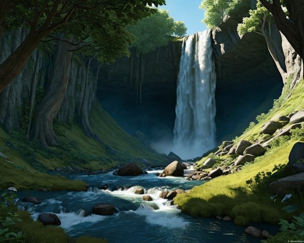 Majestic Waterfall in a Serene Green Landscape