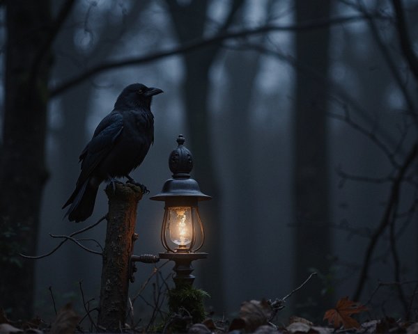 Raven on Stump by Lantern in Foggy Forest
