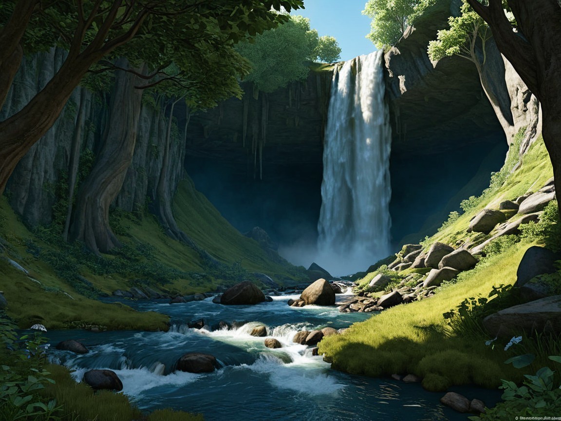 Majestic Waterfall in a Serene Green Landscape