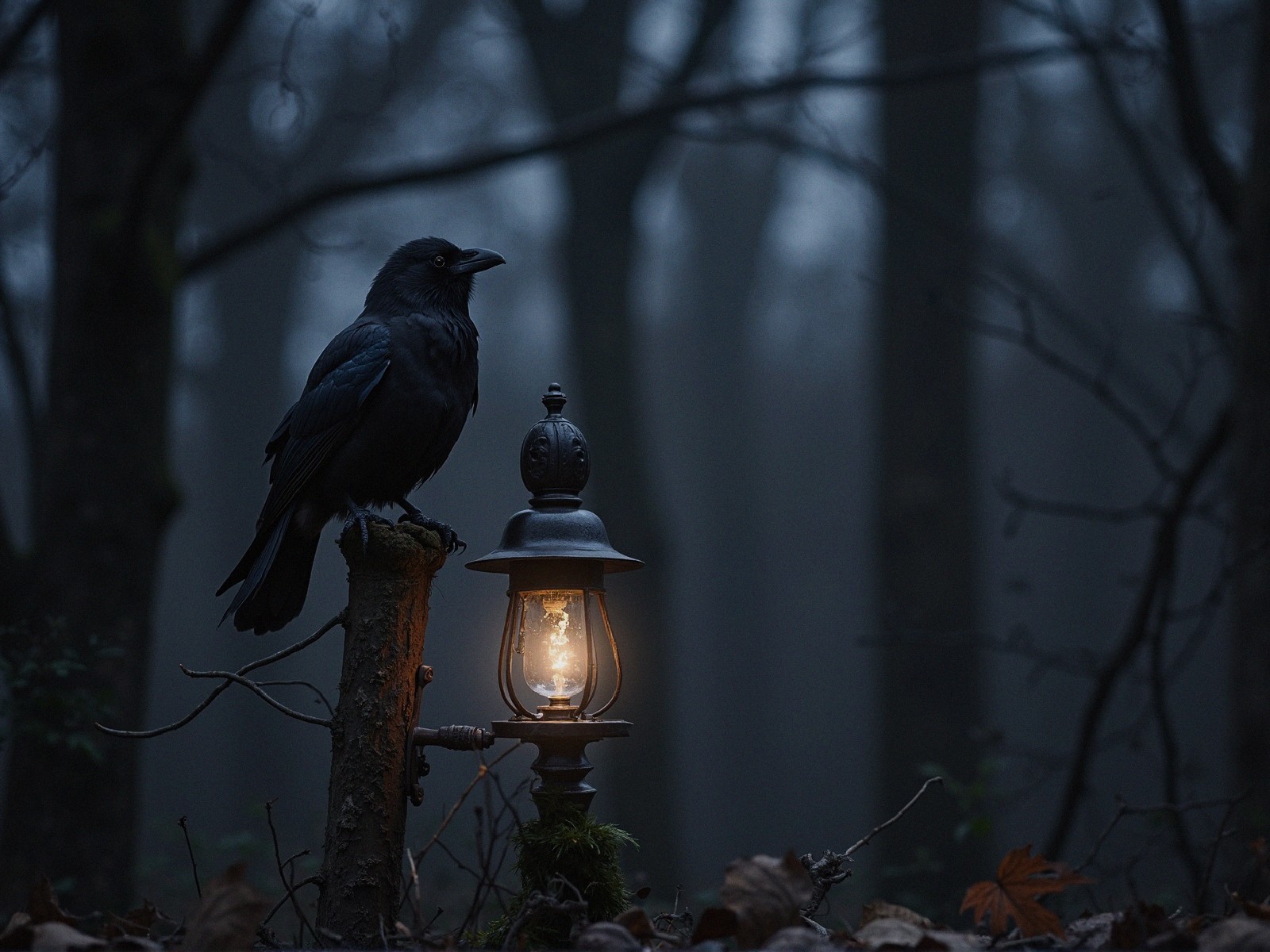 Raven on Stump by Lantern in Foggy Forest