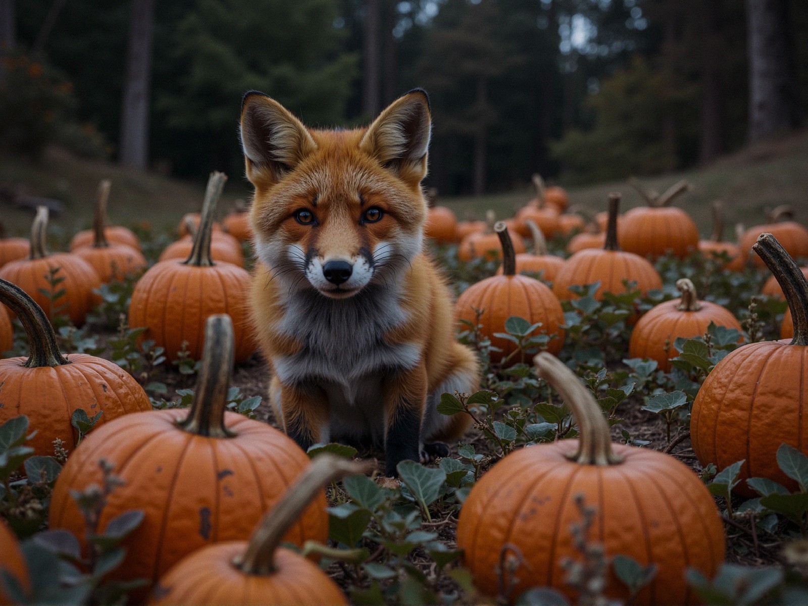 Fox in a Pumpkin Patch During Autumn Season