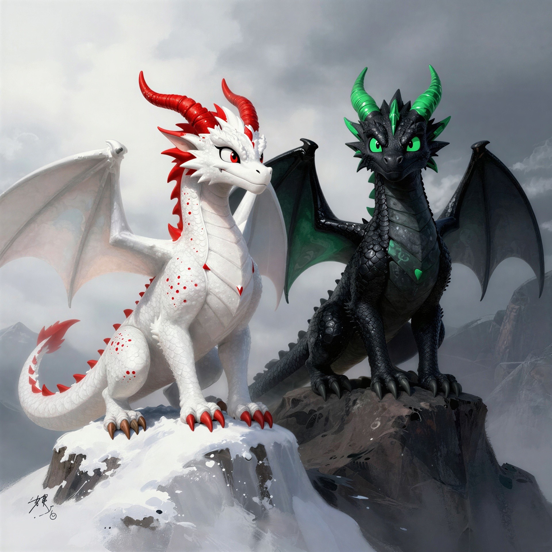 Miniature Dragons on Rocky Peaks with Mountain Backdrop