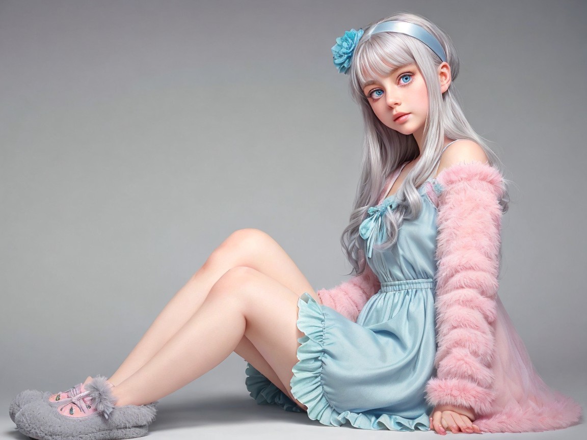 Character with Silver Hair in Pastel Blue Dress