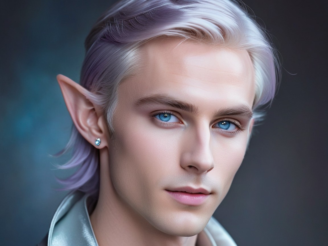 Young man with elf-like ears and platinum blonde hair