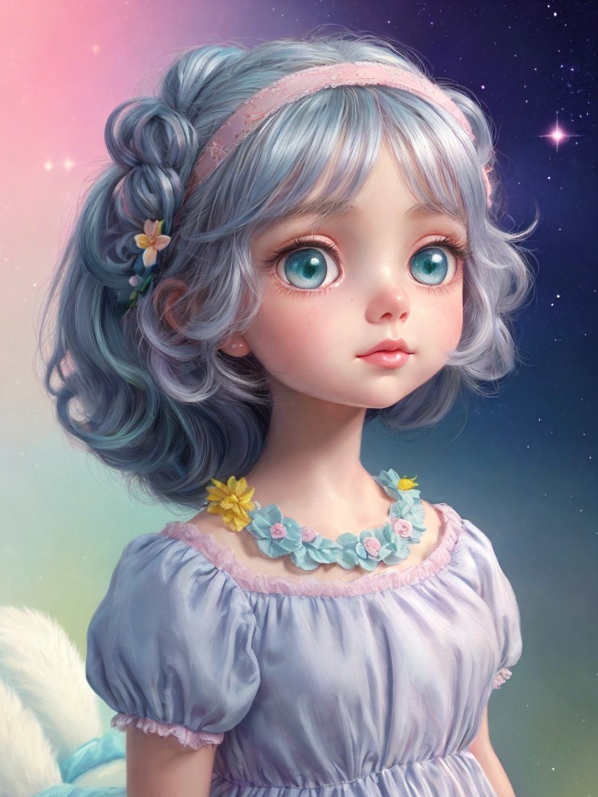 Whimsical Girl with Pastel Blue Hair and Floral Dress