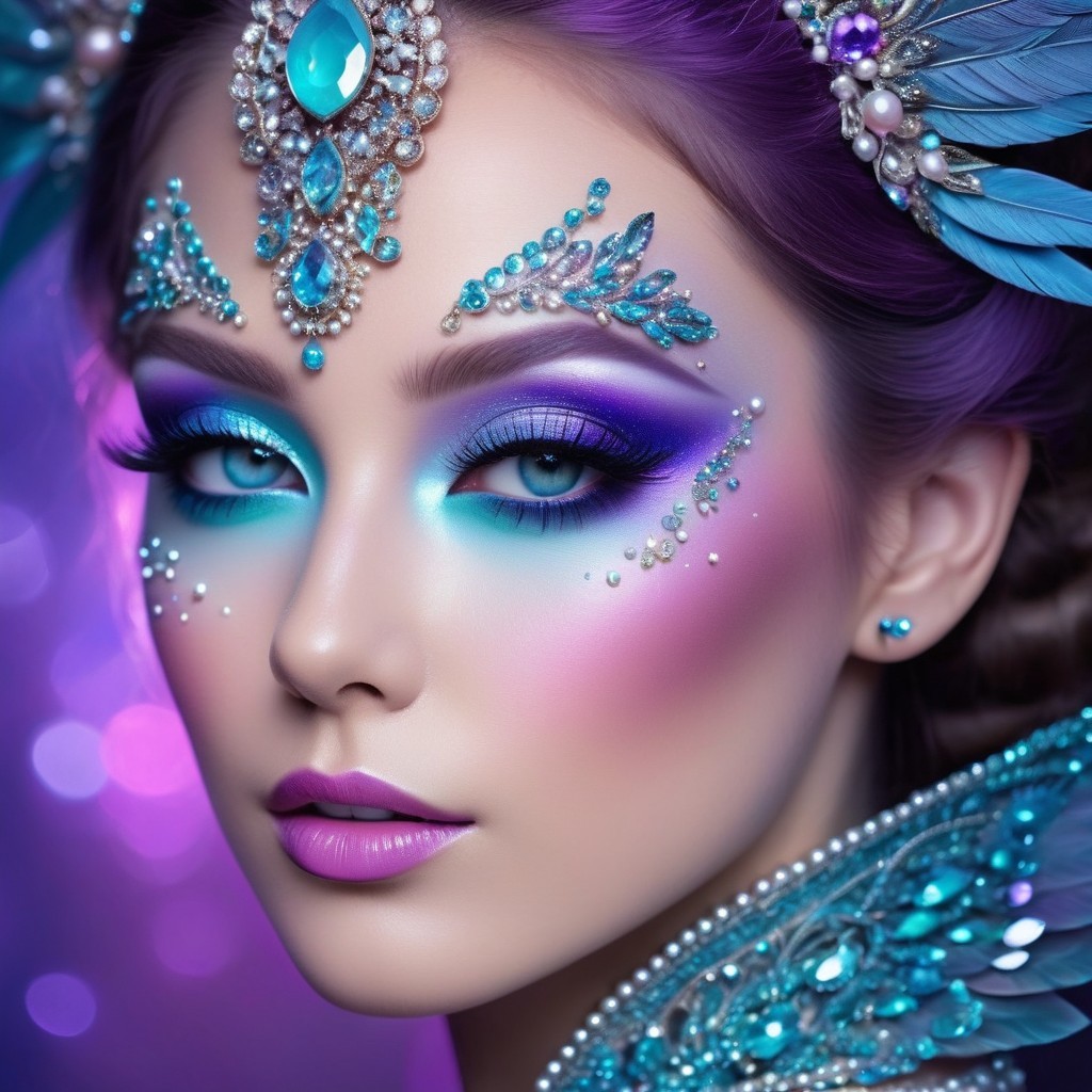 Close-Up Portrait of Woman with Blue and Purple Makeup