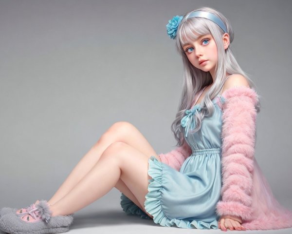 Character with Silver Hair in Pastel Blue Dress