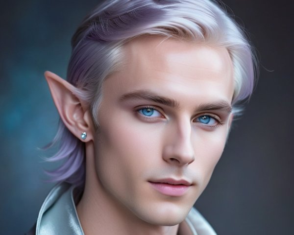 Young man with elf-like ears and platinum blonde hair