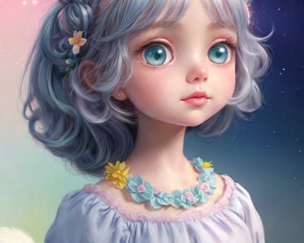 Whimsical Girl with Pastel Blue Hair and Floral Dress