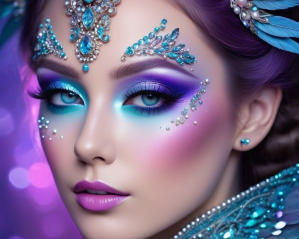 Close-Up Portrait of Woman with Blue and Purple Makeup