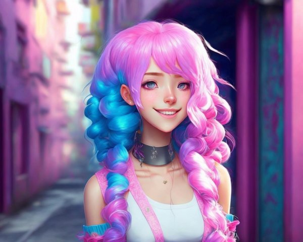 Anime Character with Pink and Blue Hair in Pastel Outfit