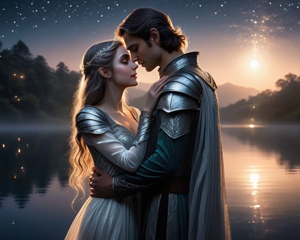 Couple by Serene Lake in Mystical Twilight Setting