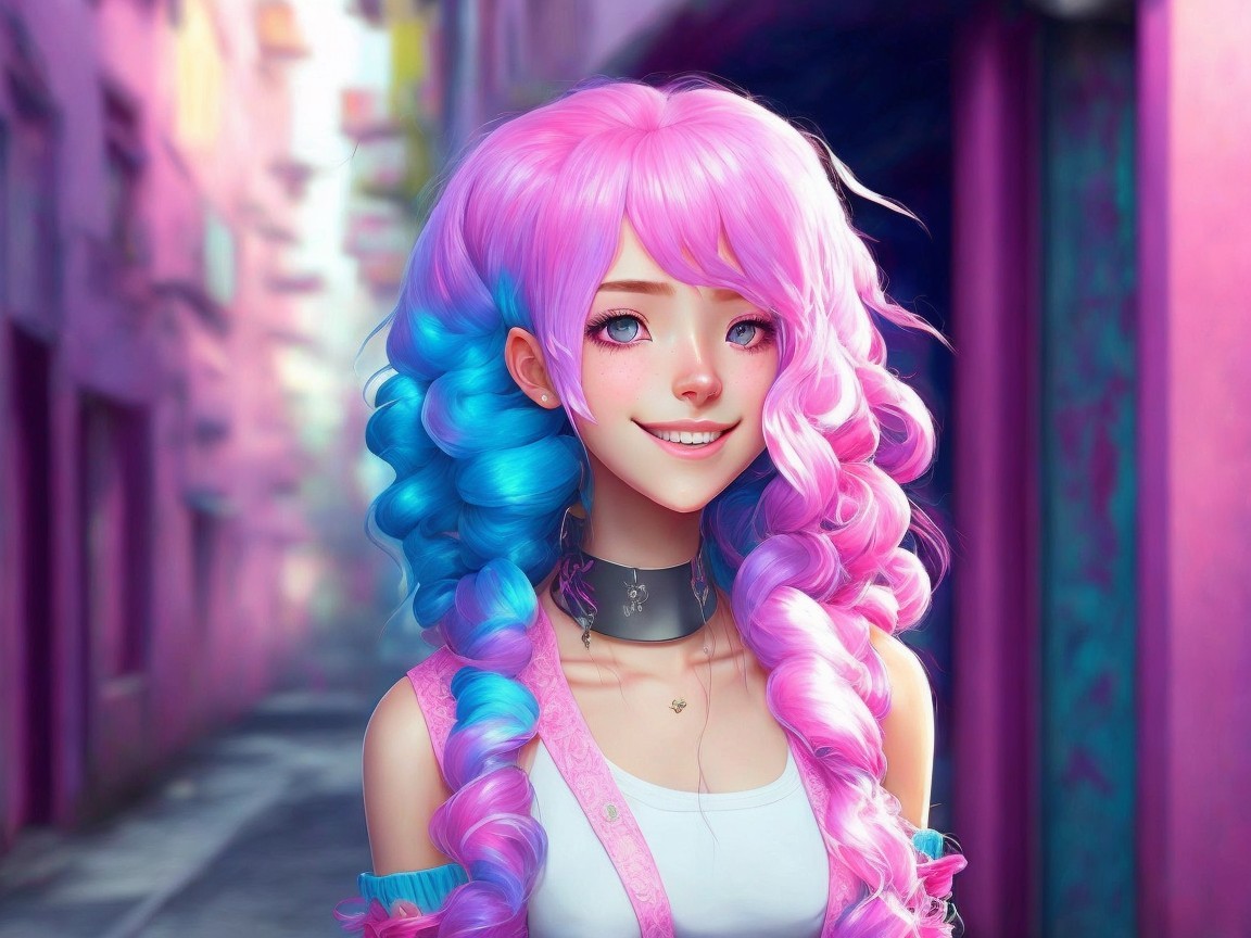 Anime Character with Pink and Blue Hair in Pastel Outfit