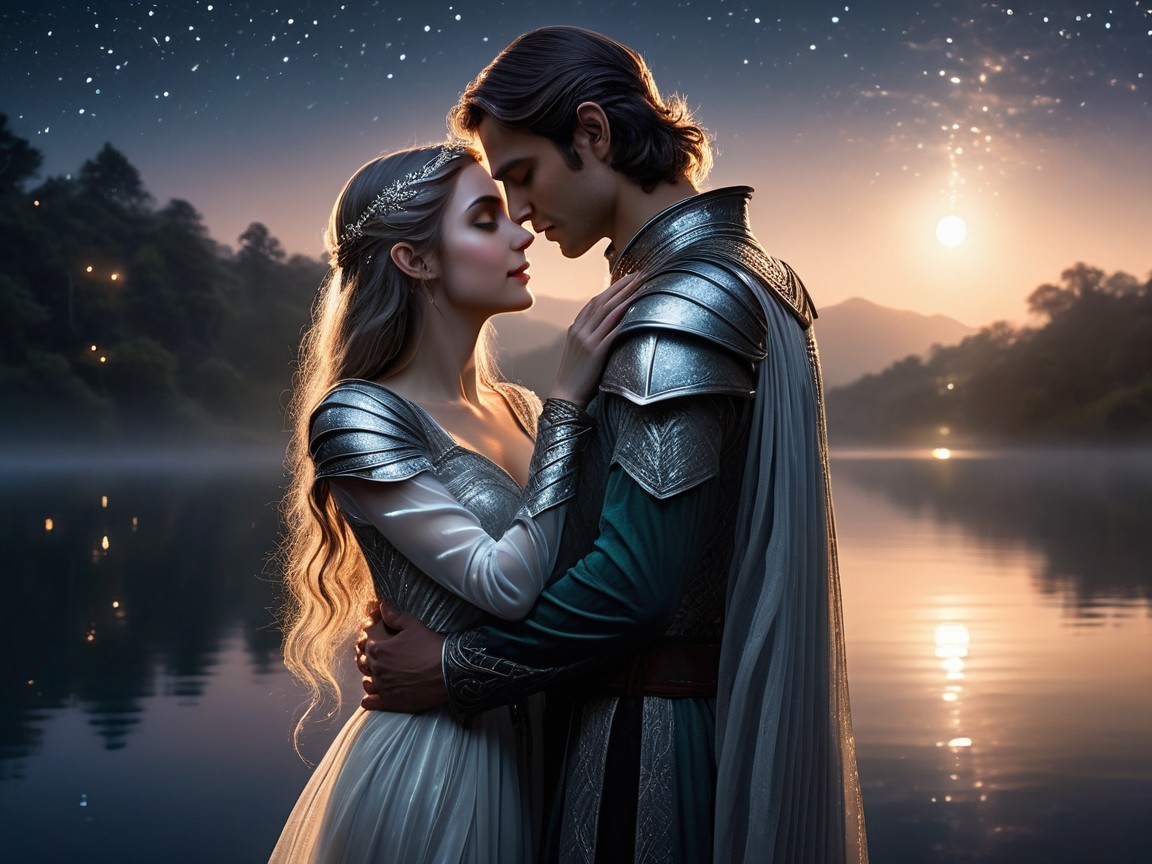 Couple by Serene Lake in Mystical Twilight Setting