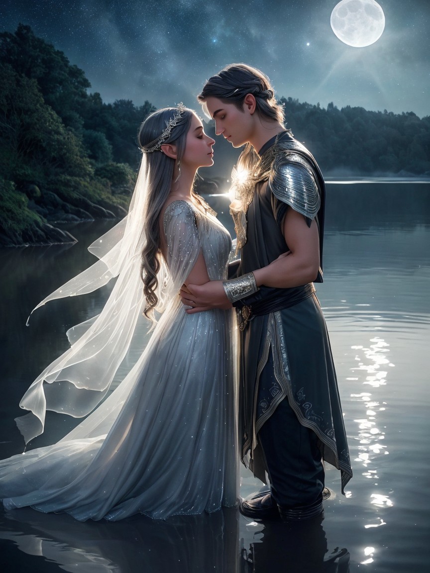 Mystical Moonlit Embrace on Still Water Scene