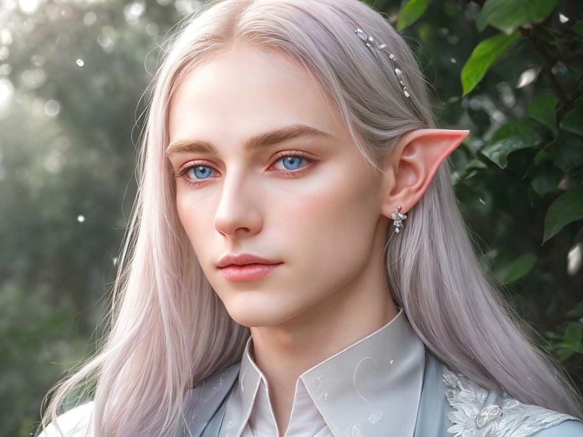 Young figure with silvery-white hair in nature