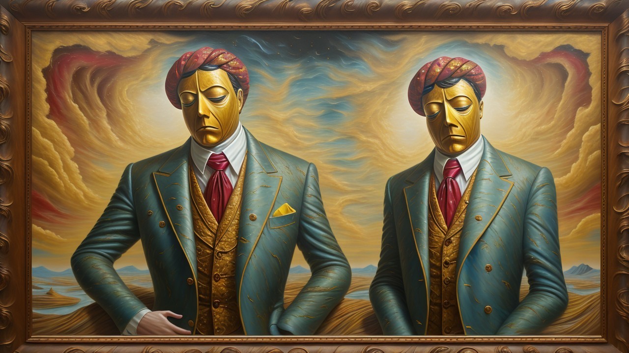 Figures in Gold Masks and Red Turbans Amidst Clouds