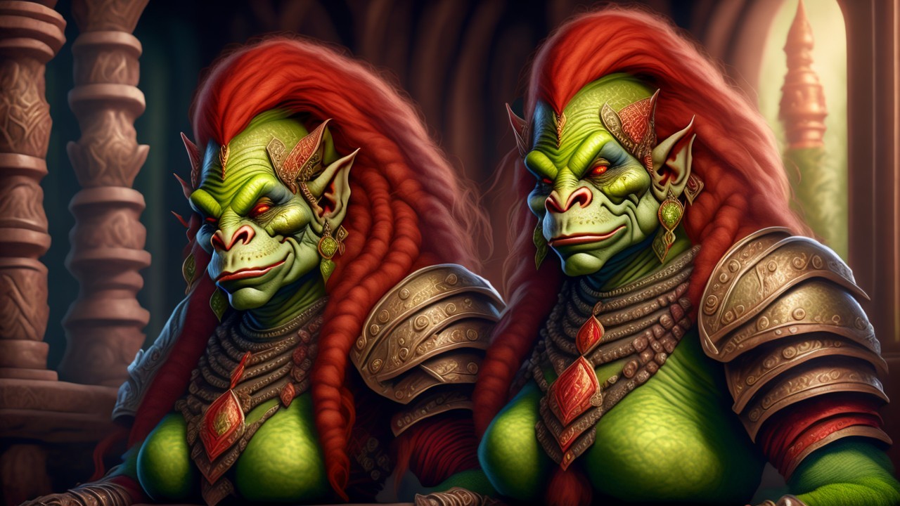 Orc Warriors with Green Skin and Red Braids in Armor