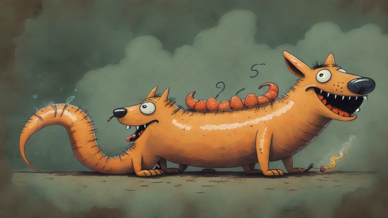 Whimsical Cartoon of a Dog with Two Heads and Sausages