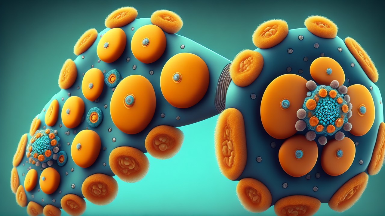Vibrant Molecular Structure with Orange and Blue Elements