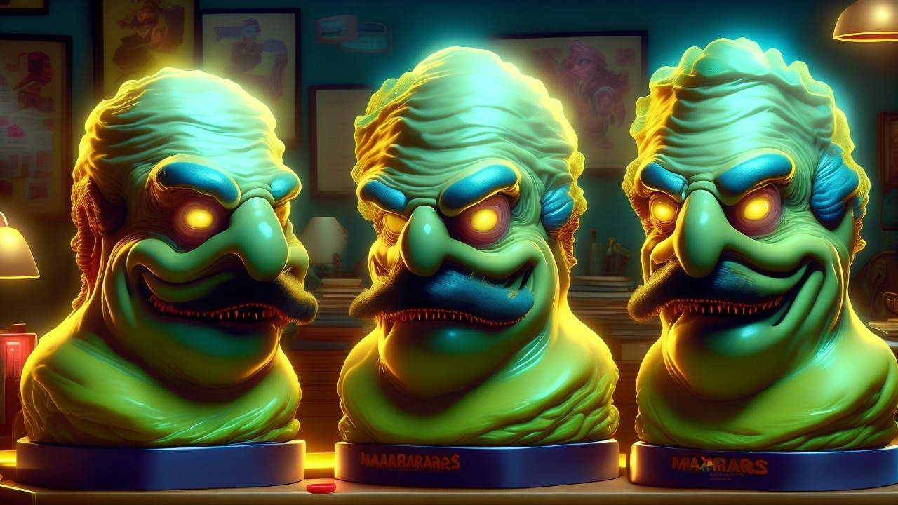 Cartoonish Green Busts with Eerie Features and Glow