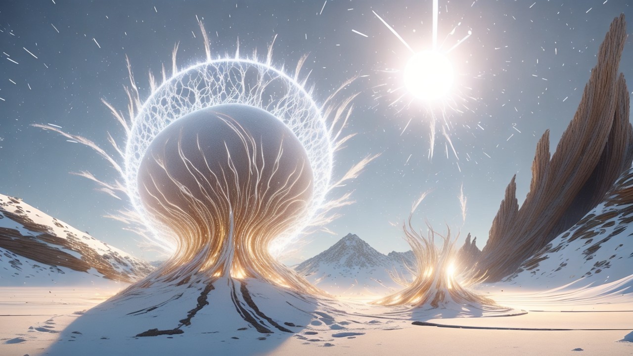 Surreal Landscape with Glowing Sphere and Mountains