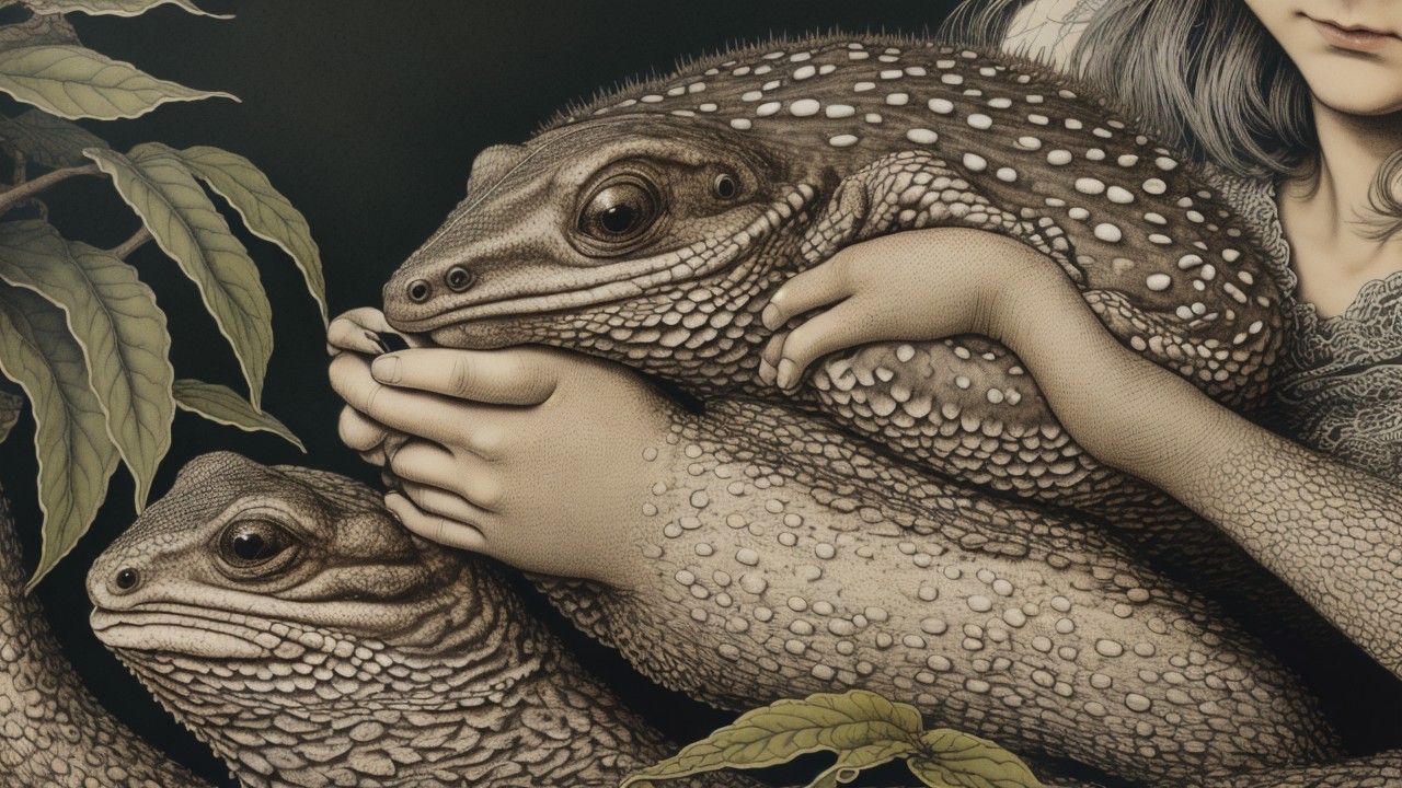 Surreal Illustration of Figure with Frogs and Leaves