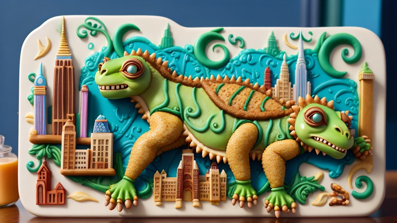 Colorful Two-Headed Lizard Sculpture with City Skyline