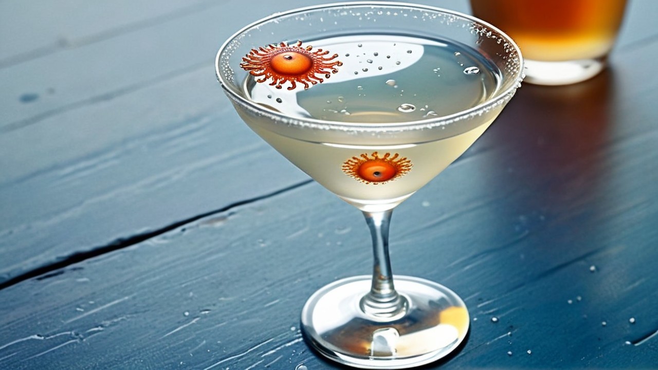 Martini Glass with Sparkling Drink and Colorful Garnishes