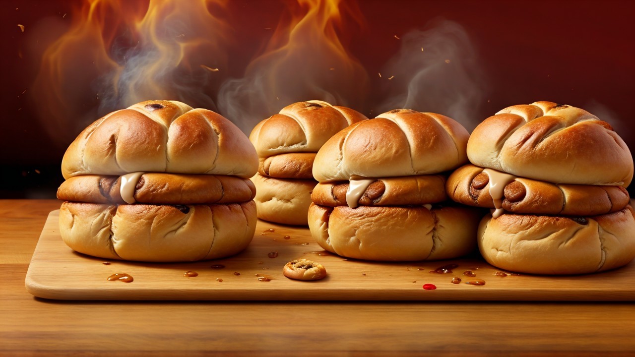 Freshly Baked Golden-Brown Buns on Wooden Board
