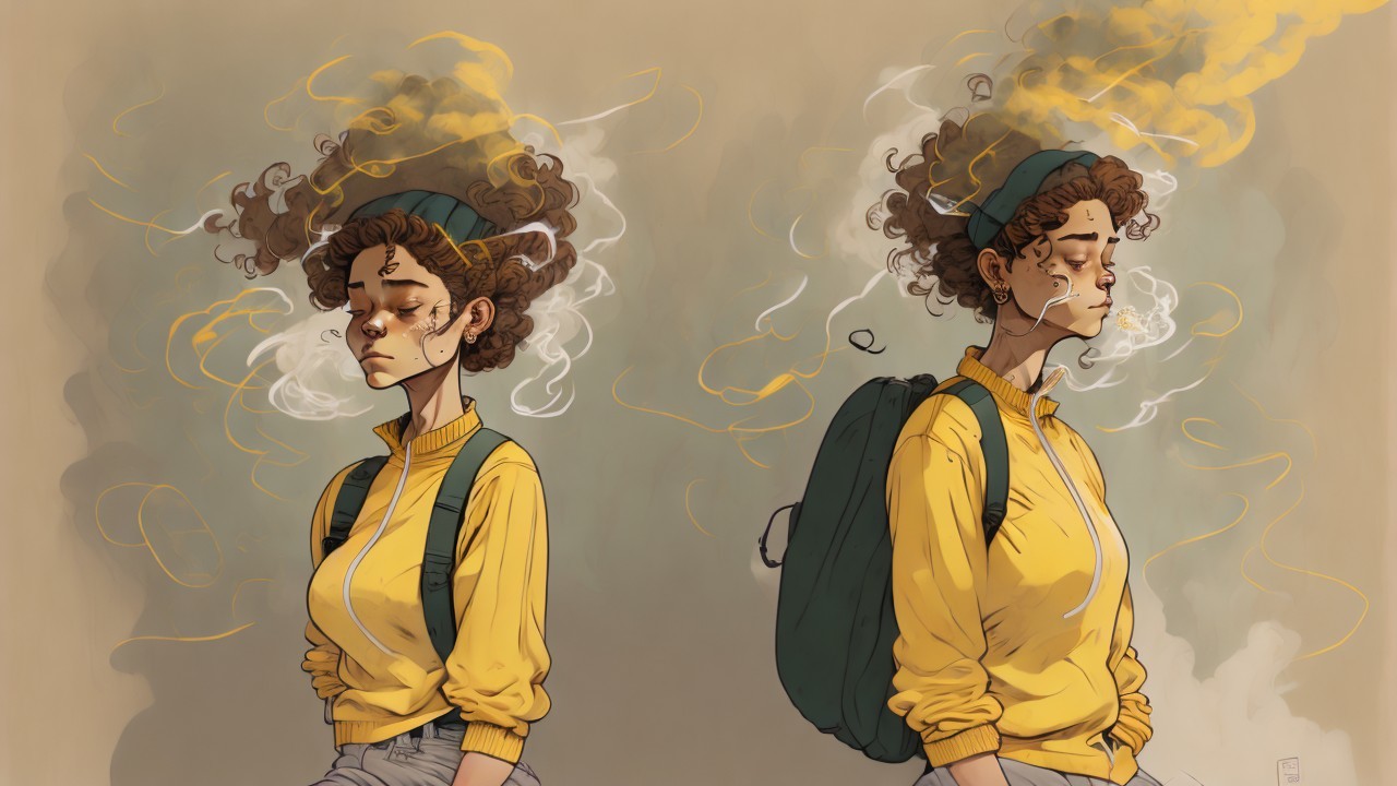 Young woman in yellow sweater with curly hair and smoke